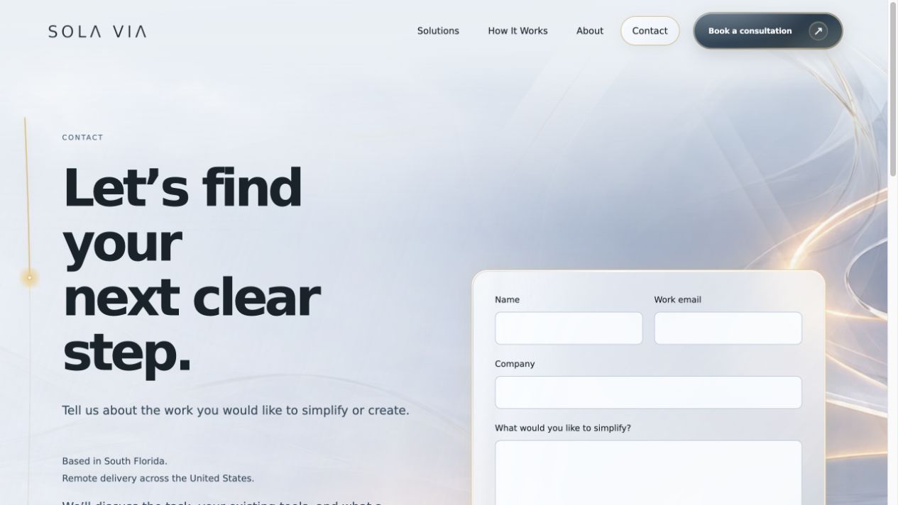 Actual public SOLA VIA contact form, captured without visitor data