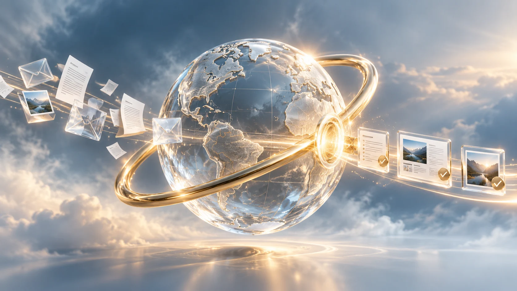 Glass planet with a golden ring turning incoming tasks into organised materials.